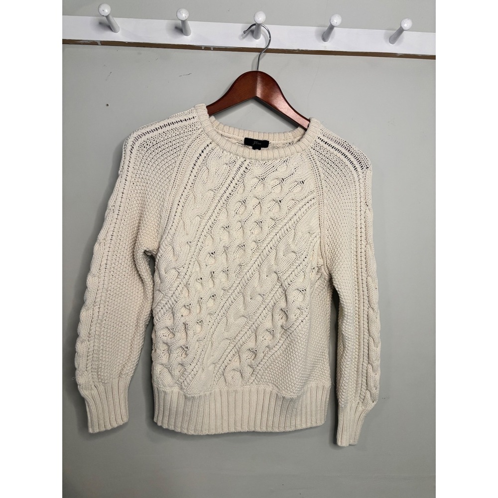 J Crew Womens Small Cream Cable Knit Cotton Blend Chunky Pullover Sweater